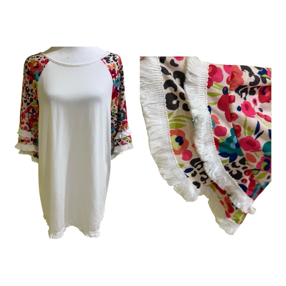 Chic White Tunic with Floral Sleeves